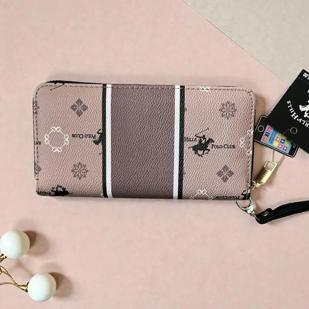 New w/Tags Beverly Hills Polo Club Light Mauve White and Black Zip Around Wallet